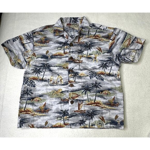 Hilo Hattie Boys Hawaiian Shirt XXS 4/5 Cotton Hawaii Outrigger Canoe Palm Tree - Picture 1 of 7
